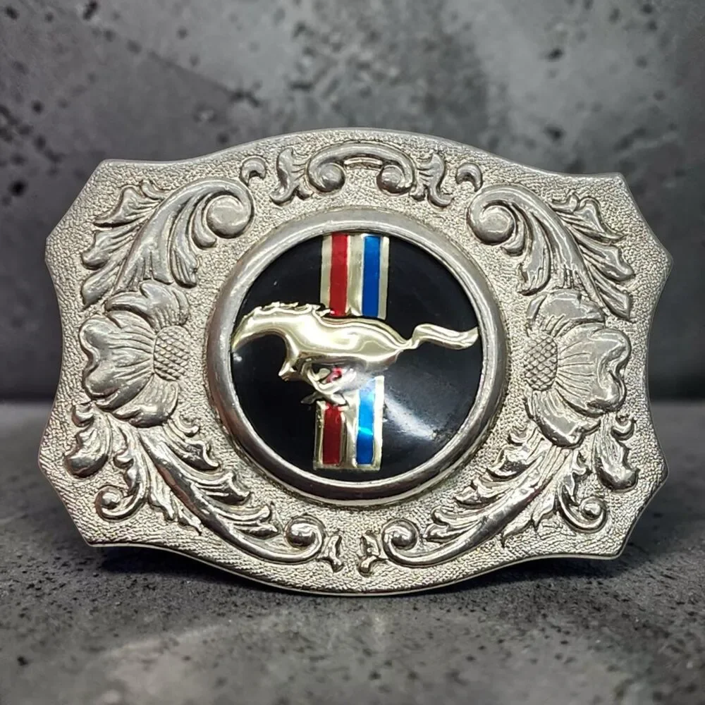 Vintage Chambers Belt Co. Ford Mustang Belt Buckle Horse Head Insert Scroll Work